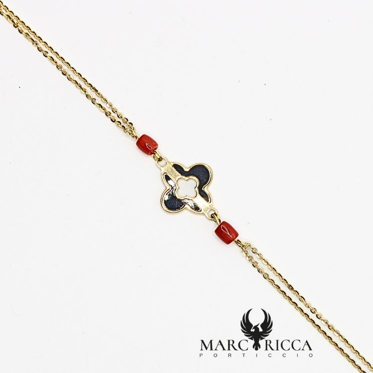 Bracelet trèfle noir Vermeil et Corail