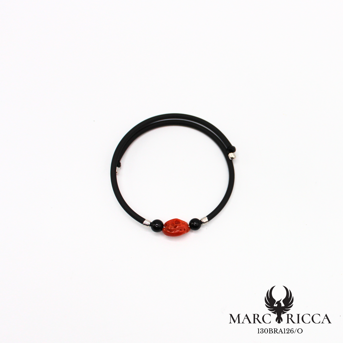 Bracelet jonc en caoutchouc avec perle corail et perles noir
