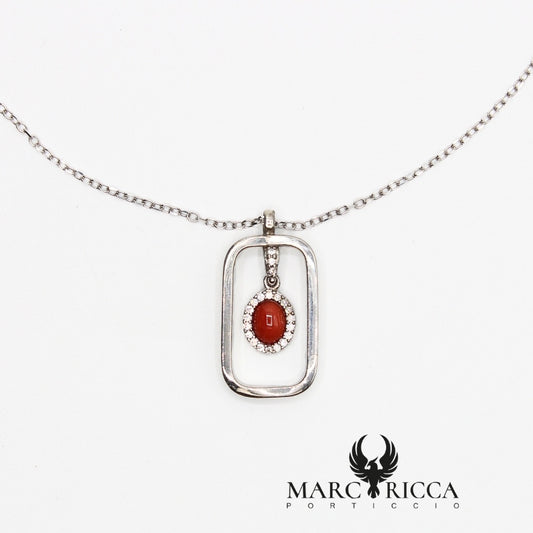 Collier en Argent et son pendentif Corail et Oxyde de Zirconium
