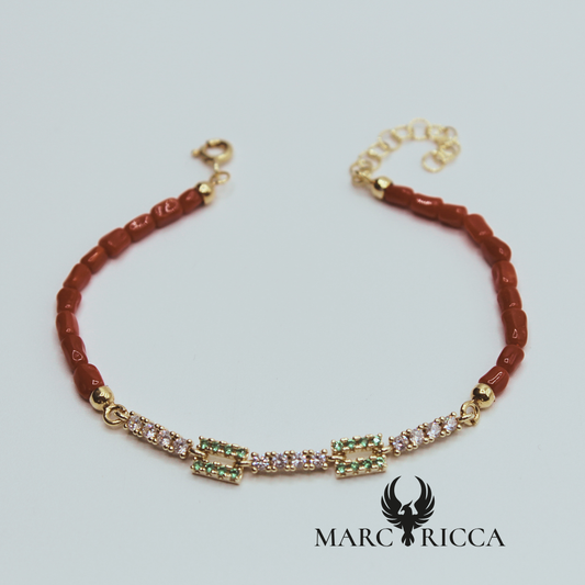 Bracelet Vermeil, Corail tube et Zircinium vert