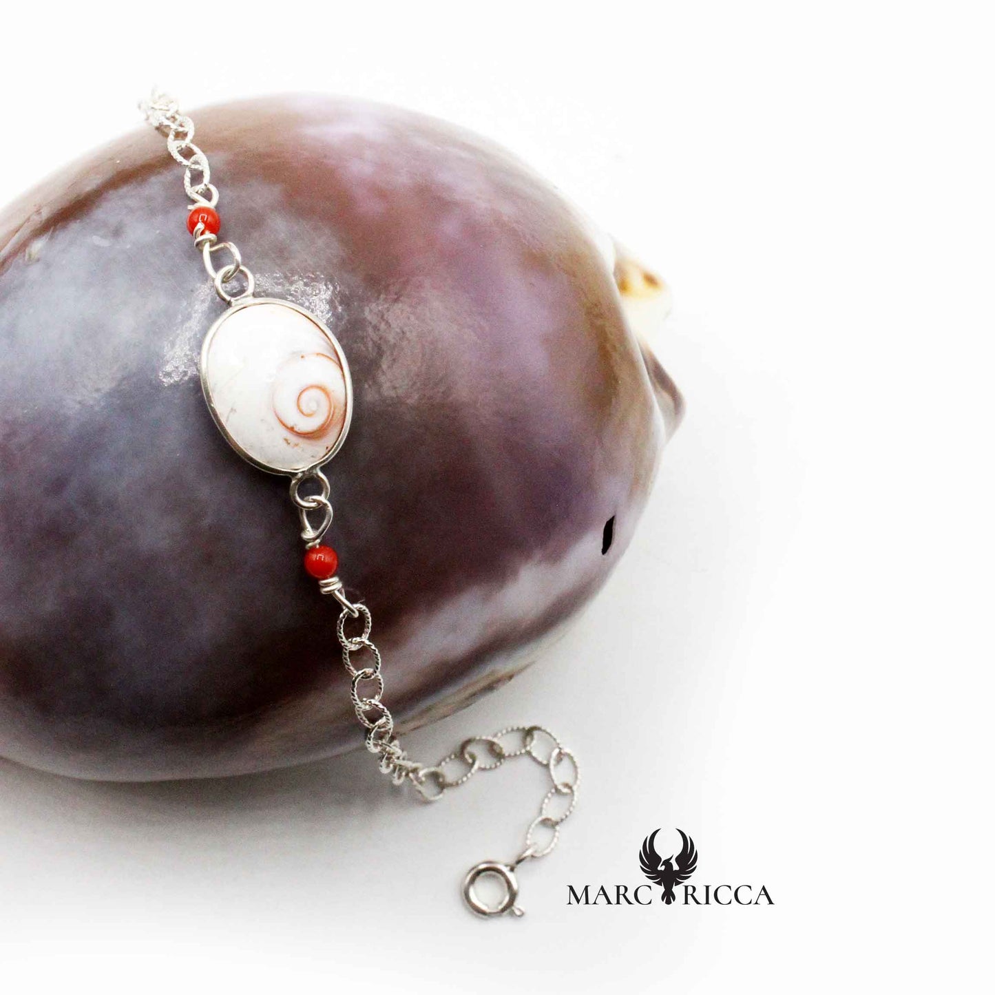 Bracelet Argent œil de St-Lucie & Boules Corail