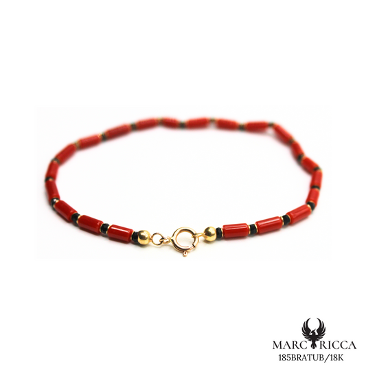 Bracelet Or Corail Tube & Perles Onyx Facettées