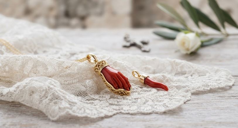 Main de corail rouge de Méditerranée montée sur or et corne de corail posées sur dentelle blanche - bijou corse cadeau de baptême Marc-Ricca Porticcio