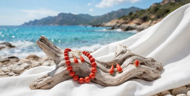 Bracelet et boucles d'oreilles en corail rouge sur bois flotté face à la mer de Corse – bijoux Marc-Ricca à Porticcio