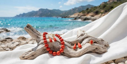Bracelet et boucles d'oreilles en corail rouge sur bois flotté face à la mer de Corse – bijoux Marc-Ricca à Porticcio