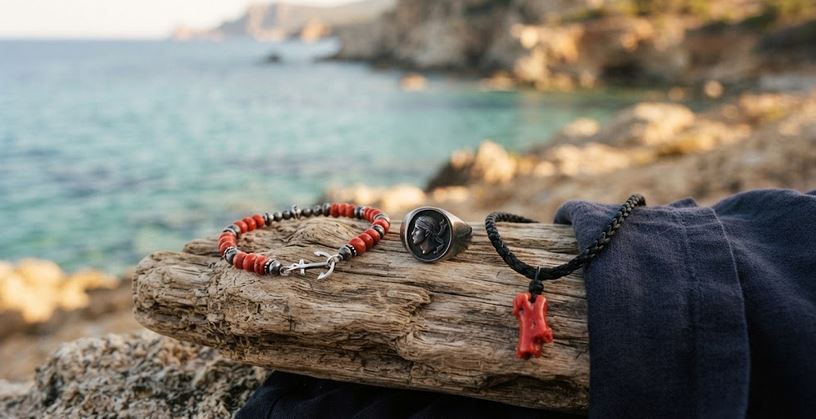 Bijoux corses pour homme : bracelet corail rouge, chevalière tête de Maure et collier pendentif corail sur bois flotté face à la mer de Corse – Marc-Ricca Porticcio