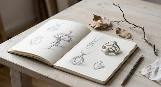 Carnet de croquis de bijoux aux formes organiques, avec une pièce ajourée argentée, des feuilles sèches et une branche sur une table.