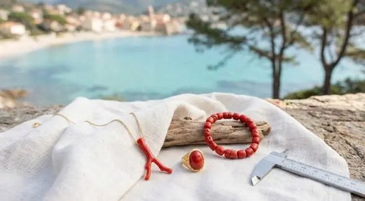 Pendentif, bague et bracelet en corail rouge sur un drapé blanc, avec un pied à coulisse et une baie turquoise en arrière-plan.