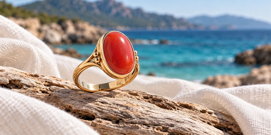 Bague dorée ornée d’un cabochon ovale rouge, posée sur du bois flotté et un drapé blanc devant une mer turquoise