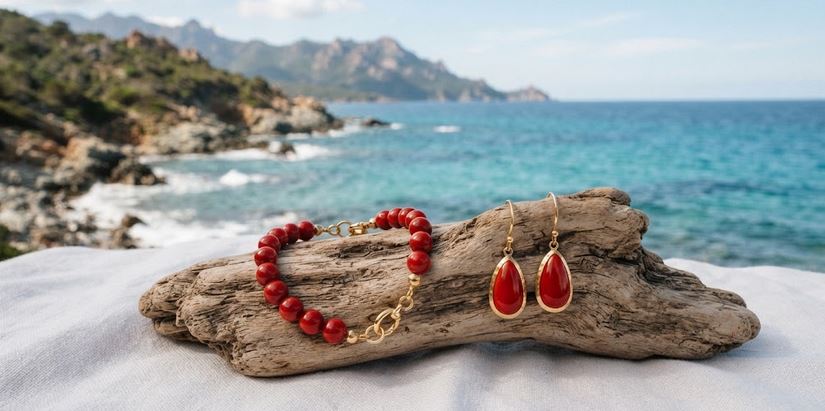 Bracelet et boucles d'oreilles en corail rouge sur bois flotté face à la mer de Corse – bijoux certifiés authentiques par Marc-Ricca Porticcio