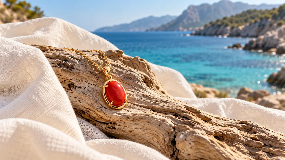 Pendentif rouge serti dans une monture dorée posé sur du bois flotté, entouré d’un drapé blanc, avec la mer turquoise en arrière-plan