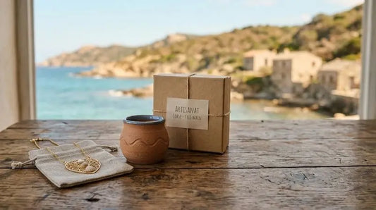 Bijou doré posé sur un tissu clair près d’un objet en terre cuite et d’une boîte en papier kraft, devant la mer et un village côtier