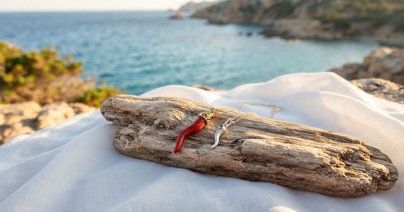 Pendentif corne corse en corail rouge et corne en argent sur bois flotté face à la mer de Corse – porte-bonheur méditerranéen Marc-Ricca Porticcio
