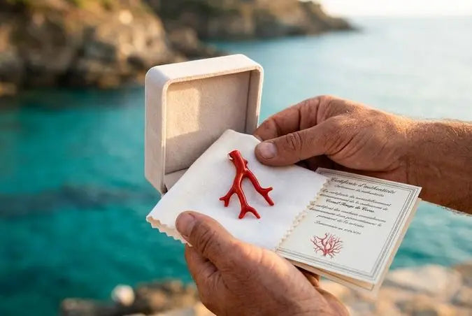 Pendentif en corail rouge de Méditerranée façonné à la main présenté dans un écrin avec certificat d'authenticité, bijouterie Marc-Ricca Porticcio, Corse-du-Sud