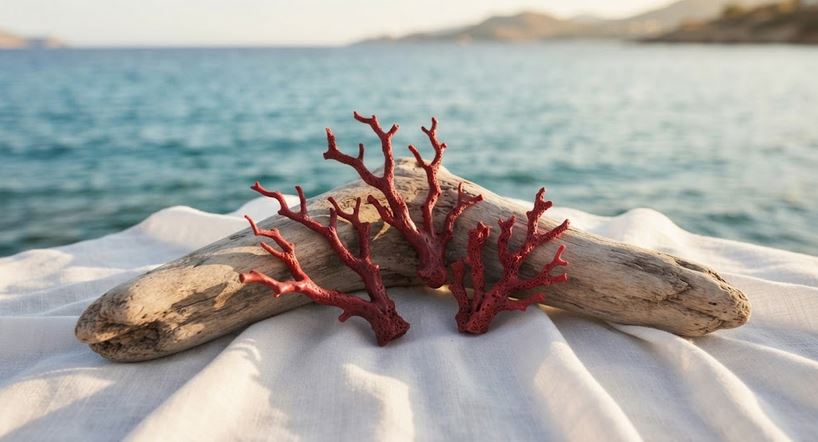 Branches de corail rouge de Méditerranée sur bois flotté et drapé blanc, mer turquoise en arrière-plan - bijoux Marc-Ricca Porticcio