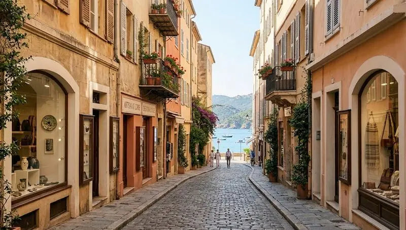 Rue commerçante pavée d’Ajaccio bordée de boutiques aux façades méditerranéennes, avec le golfe visible au bout de la rue