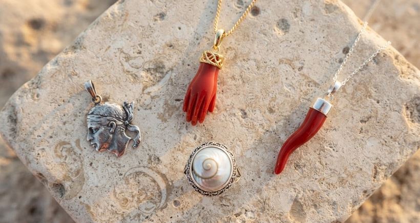 Symboles corses en bijou : main de corail, Œil de Sainte-Lucie, tête de Maure et corne – créations artisanales Marc-Ricca à Porticcio