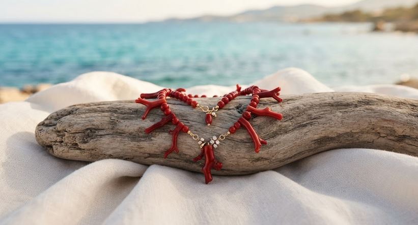 Bijou en corail rouge de Méditerranée posé sur du bois flotté avec un drapé blanc, mer turquoise en arrière-plan - Marc-Ricca Porticcio