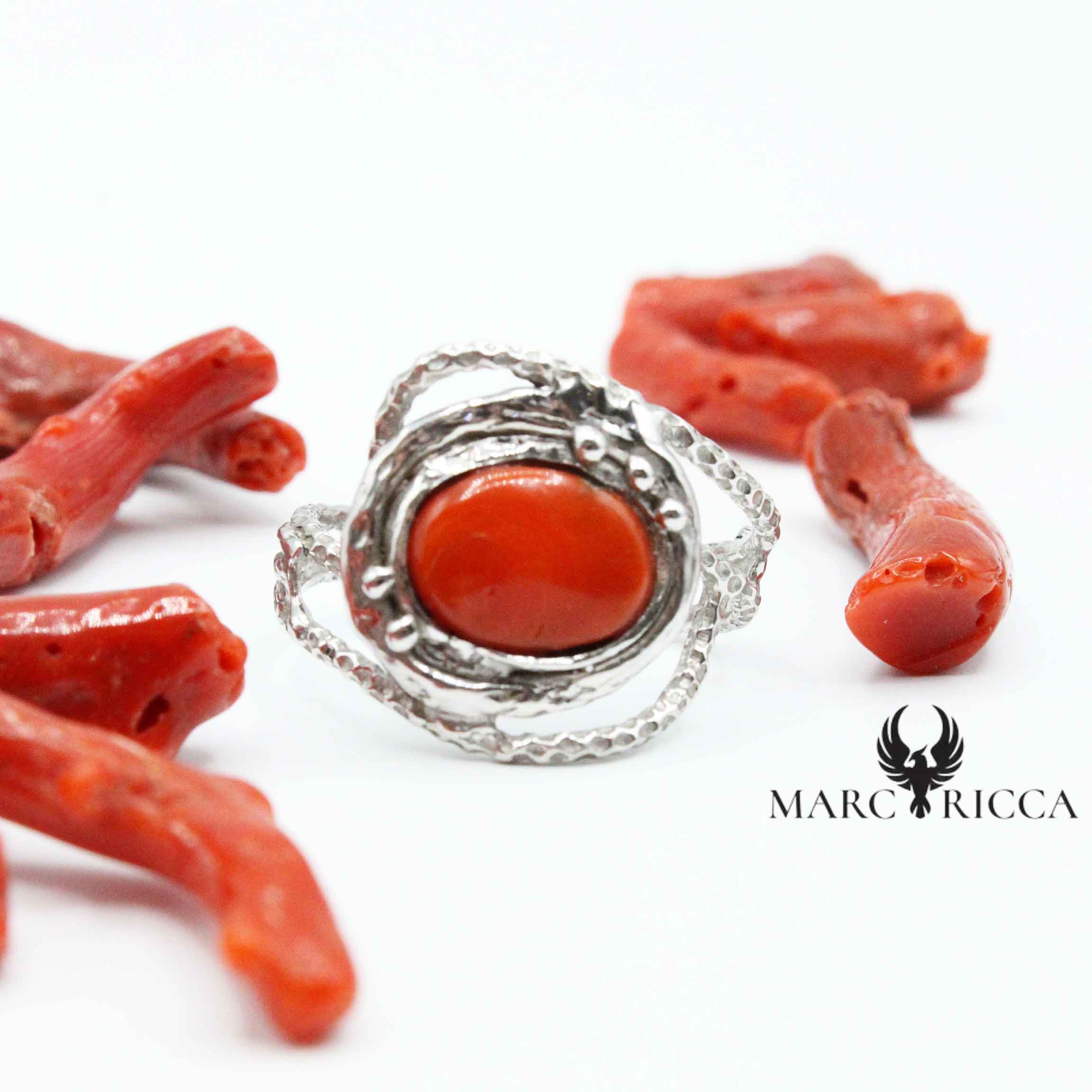 Bague Argent Corail Cabochon Spirale