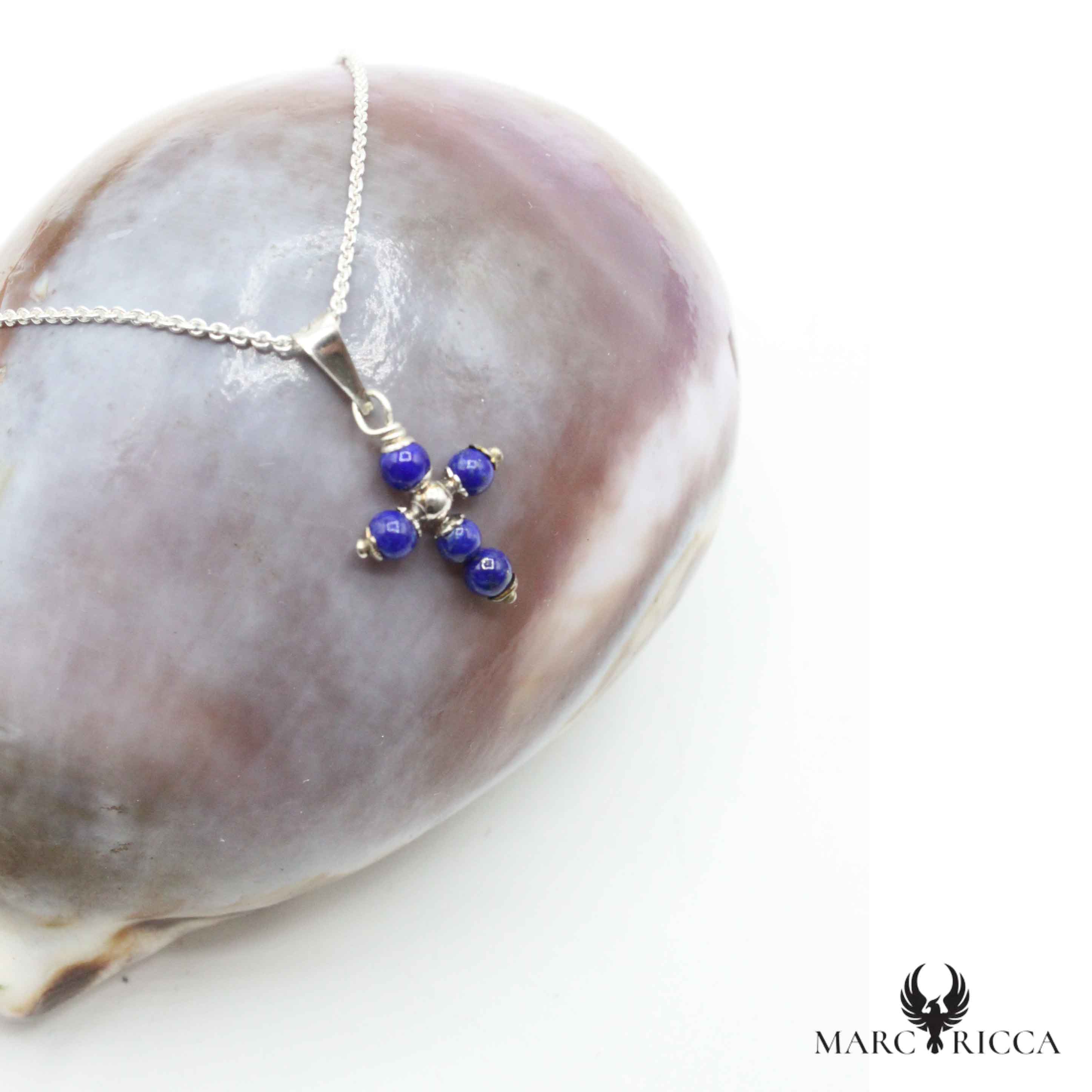 Pendentif Argent Croix Perles Lapis/Malachite/Onyx