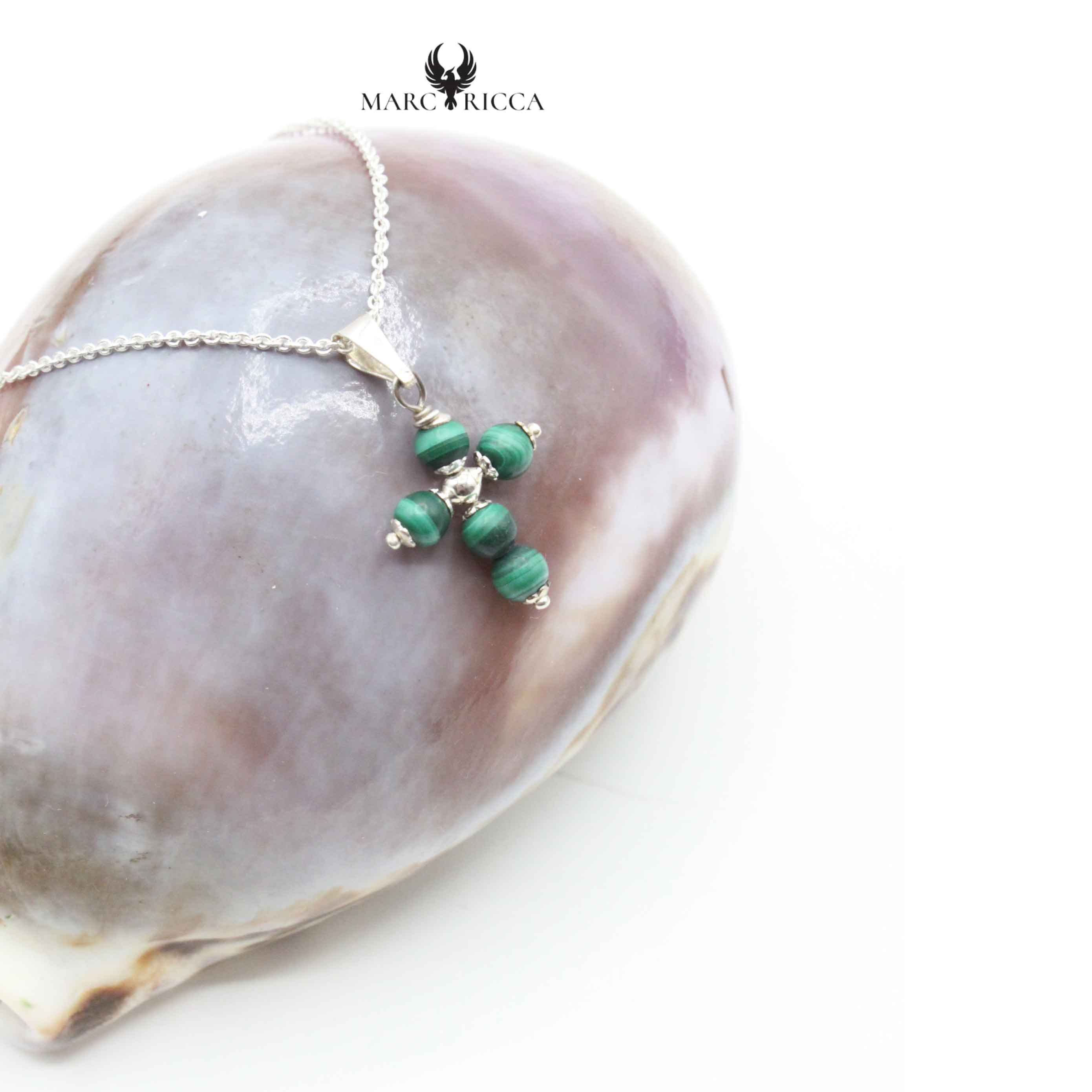 Pendentif Argent Croix Perles Lapis/Malachite/Onyx
