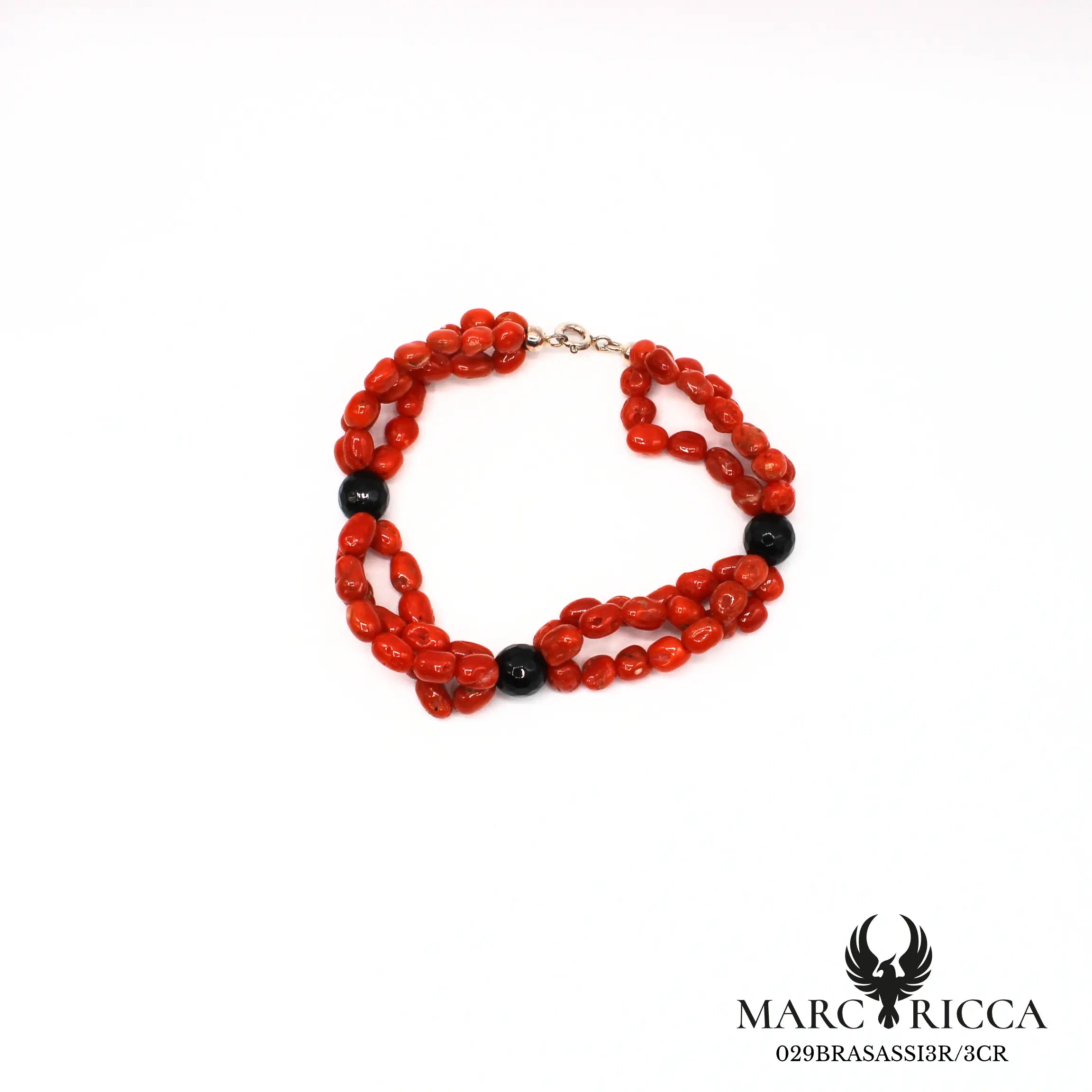 Bracelet corail perles 3 rangs avec perles onyx