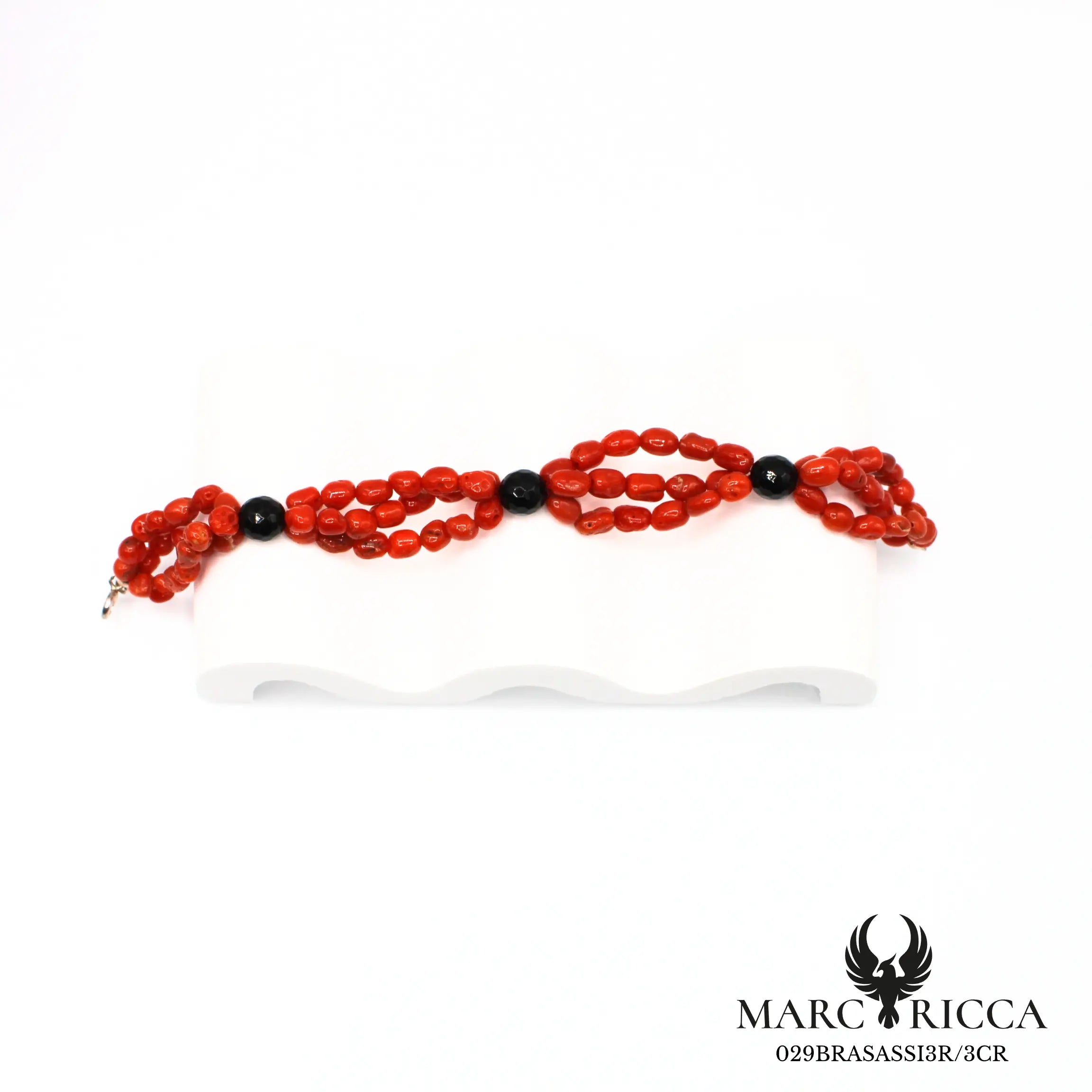 Bracelet corail perles 3 rangs avec perles onyx