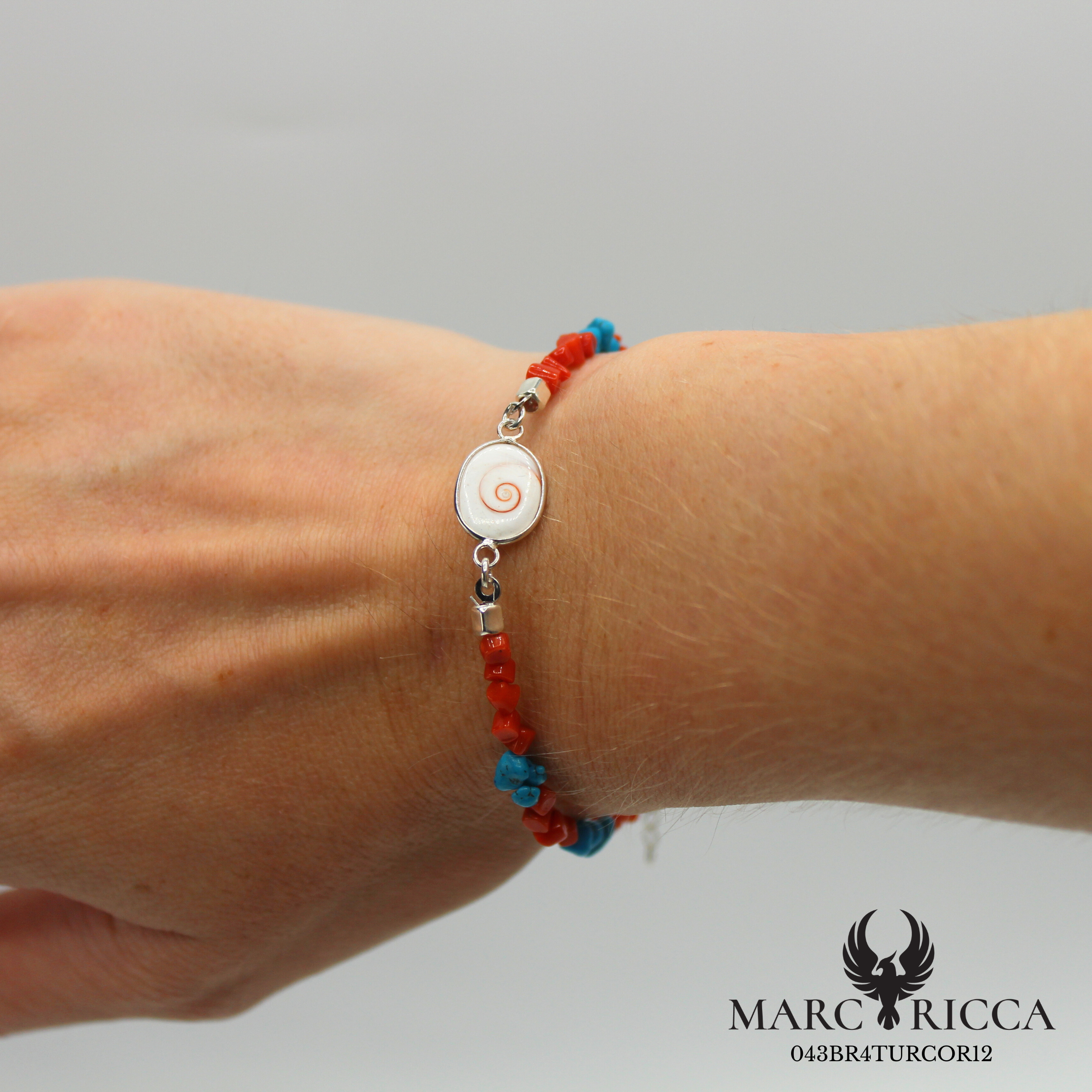 Bracelet corail, turquoise et œil de Sainte-Lucie en Argent