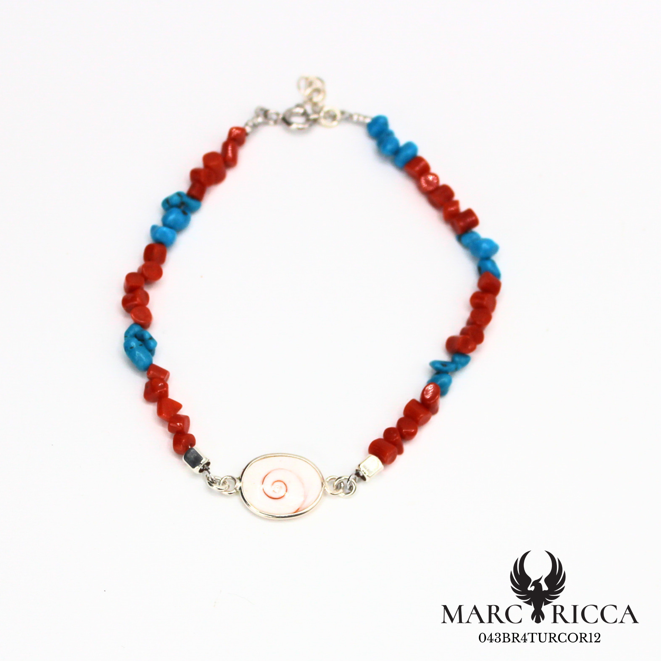Bracelet corail, turquoise et œil de Sainte-Lucie en Argent