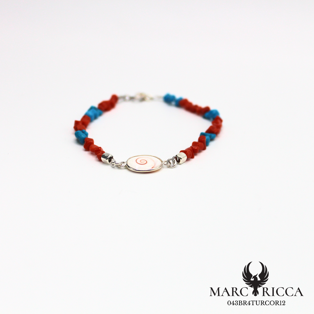 Bracelet corail, turquoise et œil de Sainte-Lucie en Argent