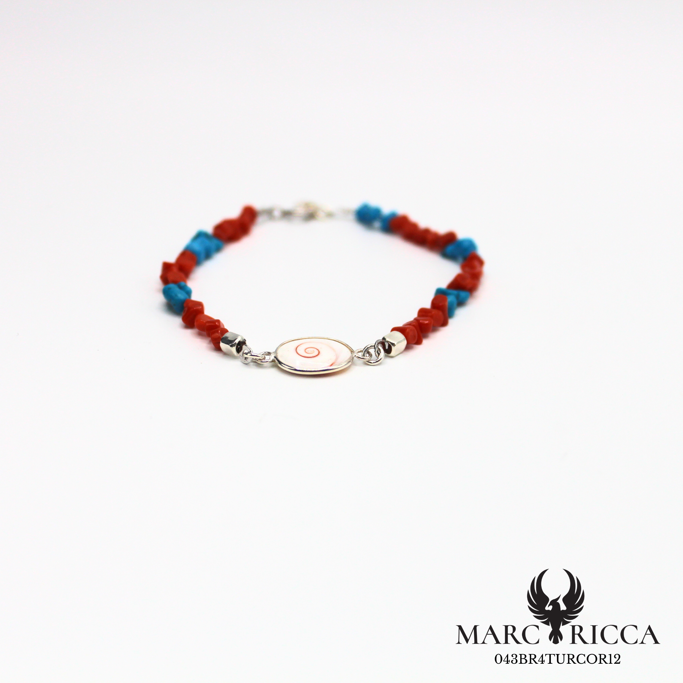 Bracelet corail, turquoise et œil de Sainte-Lucie en Argent