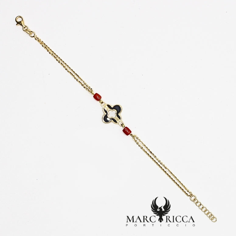 Bracelet trèfle noir Vermeil et Corail