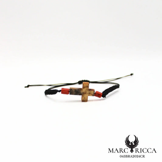 Bracelet cordon macramé croix corne chèvre et corail