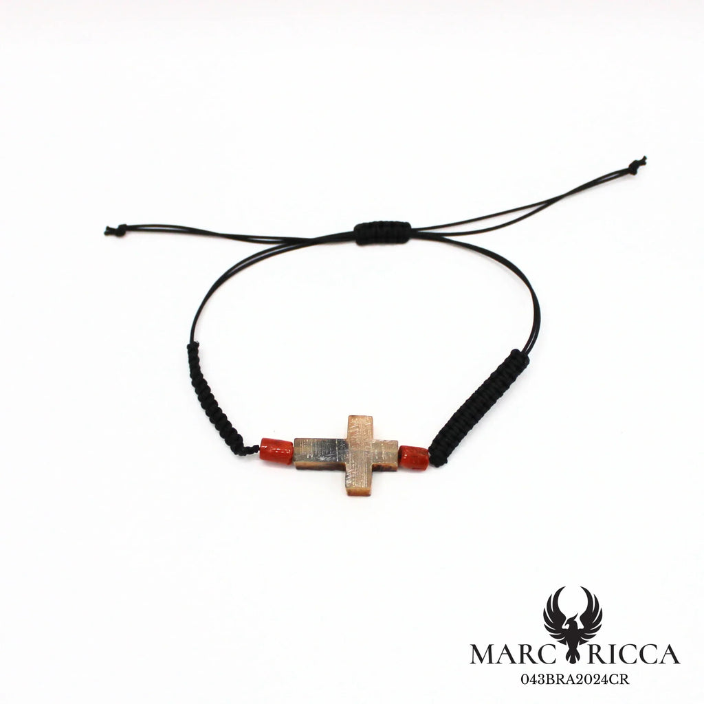 Bracelet cordon macramé croix corne chèvre et corail