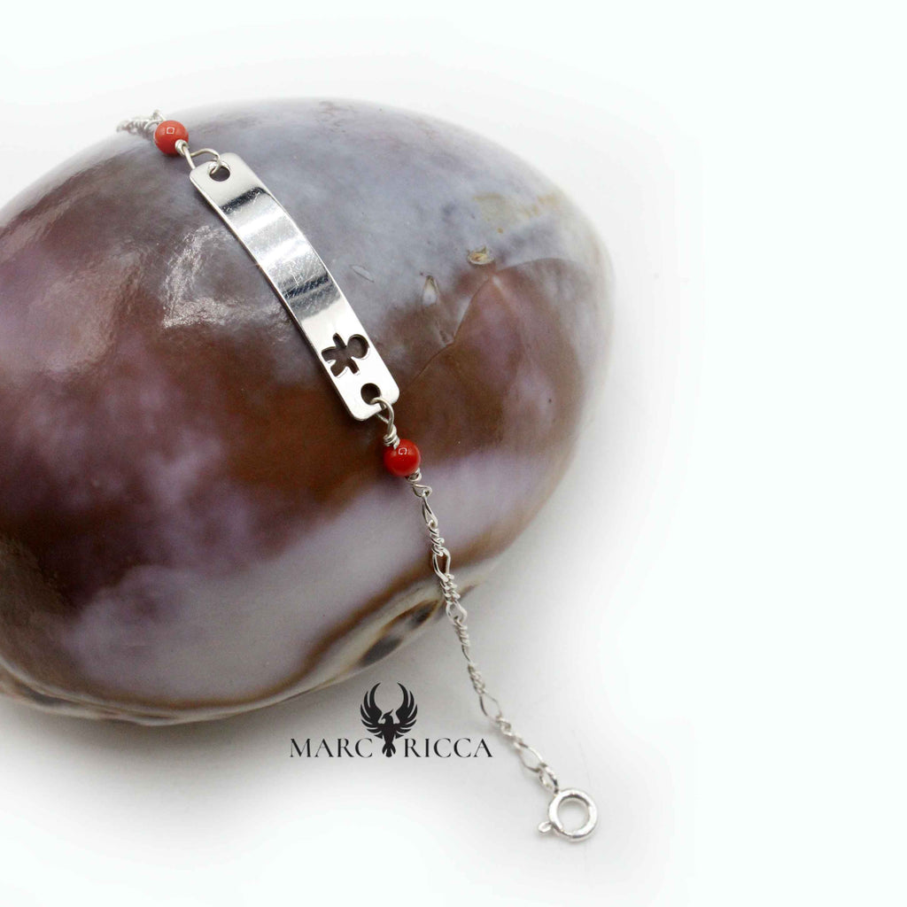 Bracelet Argent Chaine & Plaque, Perles Corail