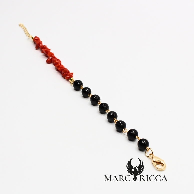 Bracelet asymétrique corail chips & perles d’onyx ou de quartz en vermeil