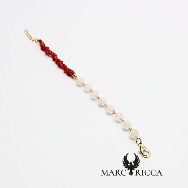 Bracelet asymétrique corail chips & perles d’onyx ou de quartz en vermeil