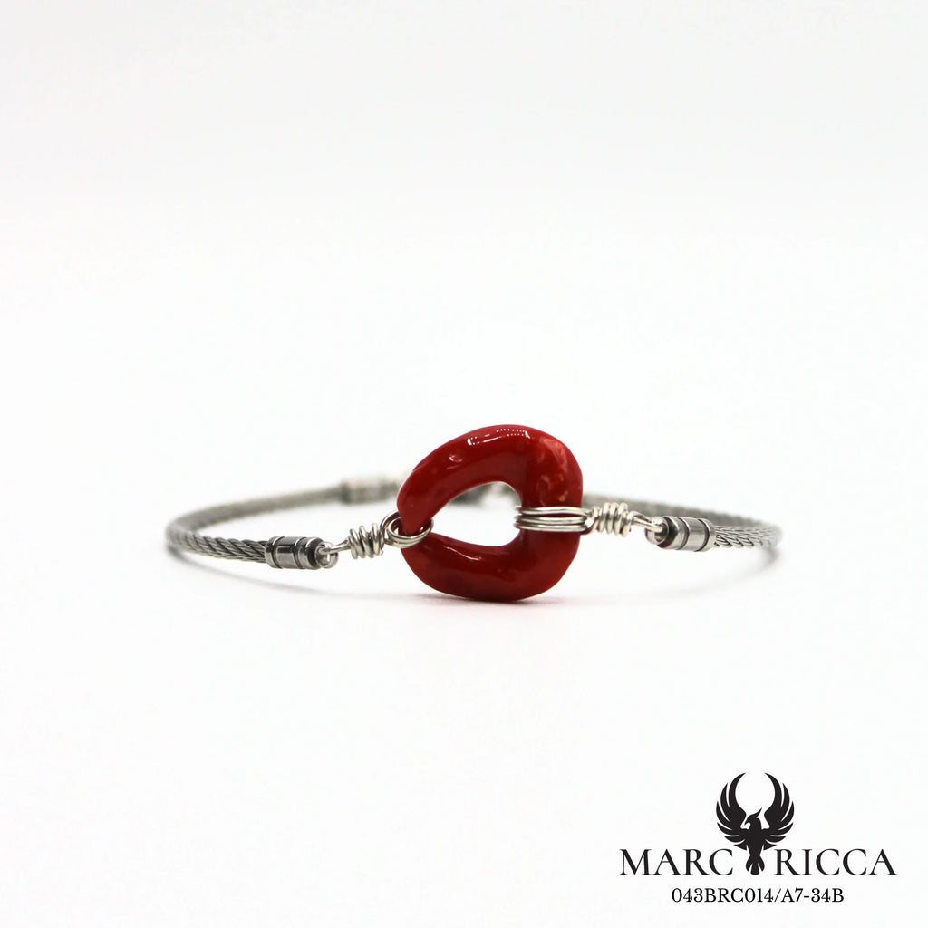 Bracelet câble en acier avec anneau en corail