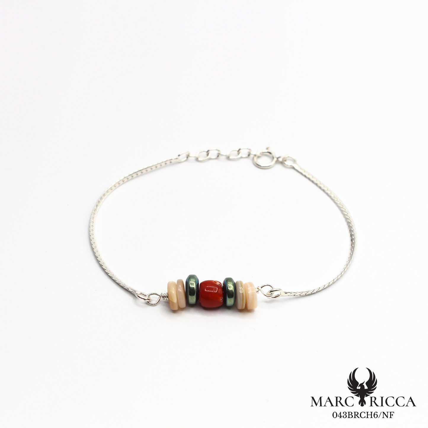 Bracelet corail, hématite bleu et nacre en argent ou vermeil