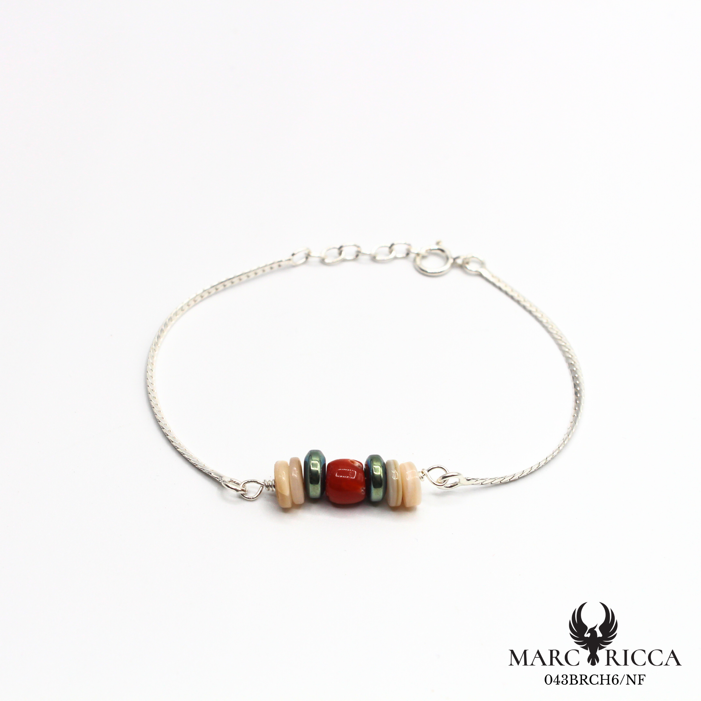 Bracelet corail, hématite bleu et nacre en argent ou vermeil