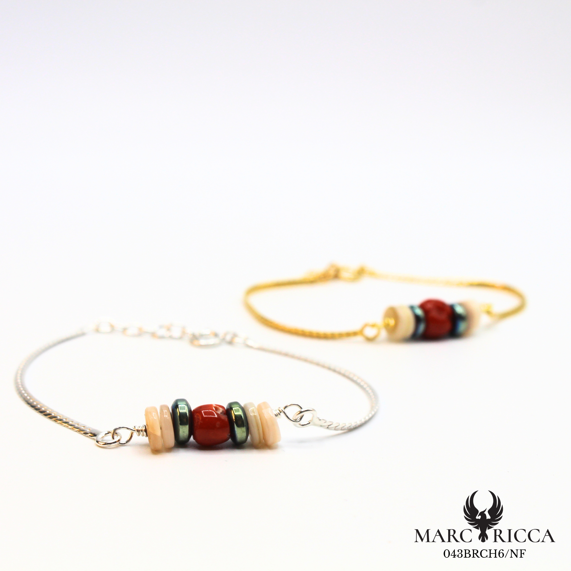 Bracelet corail, hématite bleu et nacre en argent ou vermeil