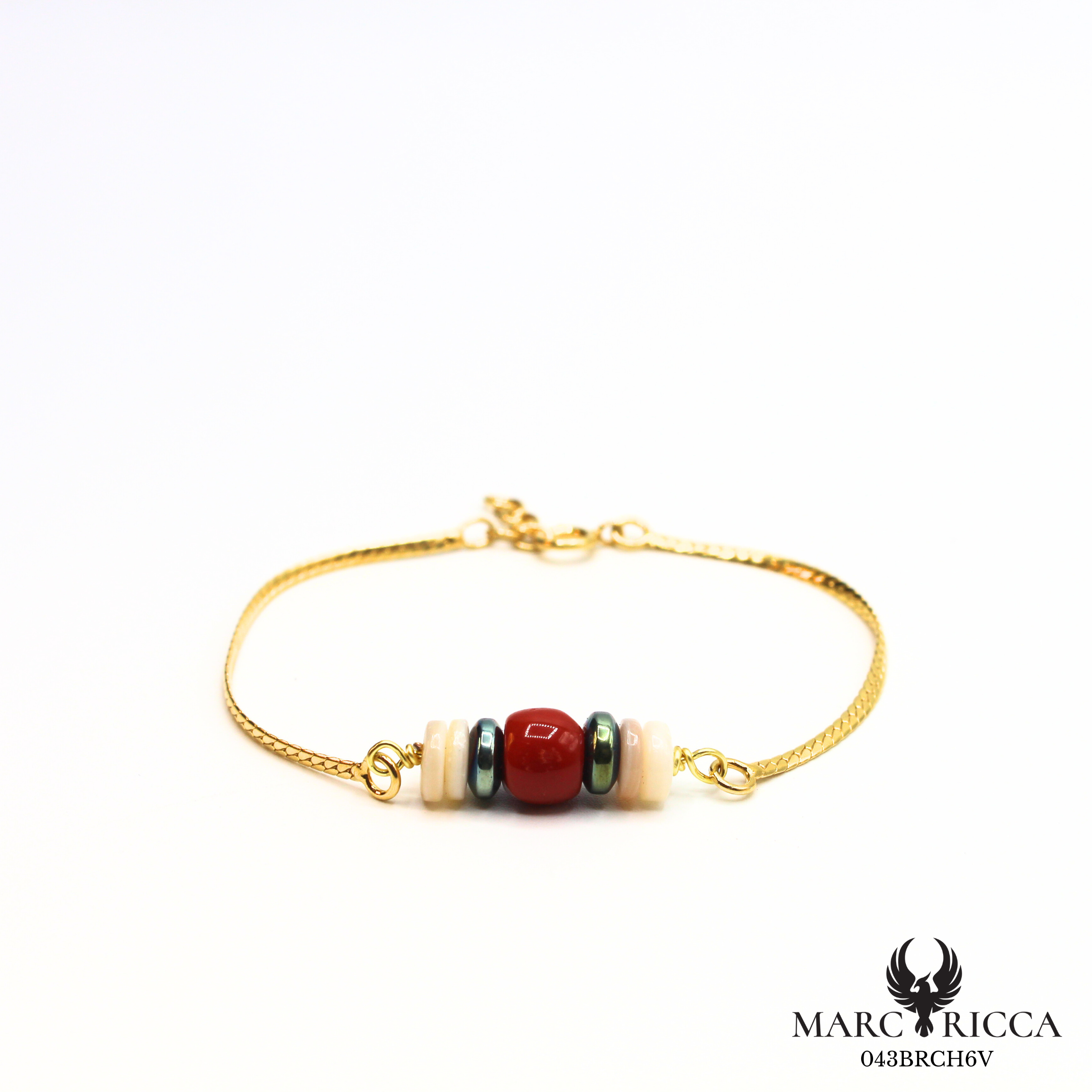 Bracelet corail, hématite bleu et nacre en argent ou vermeil