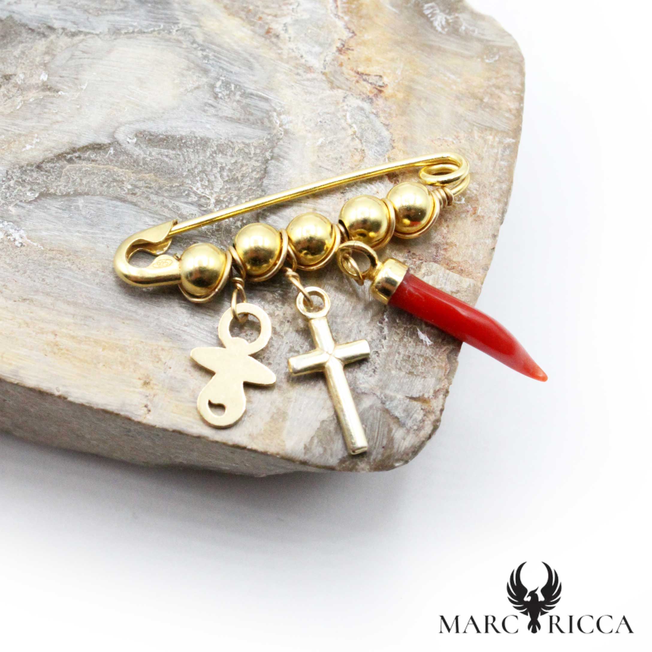 Broche Vermeil Corail Corne, Croix & Tétine
