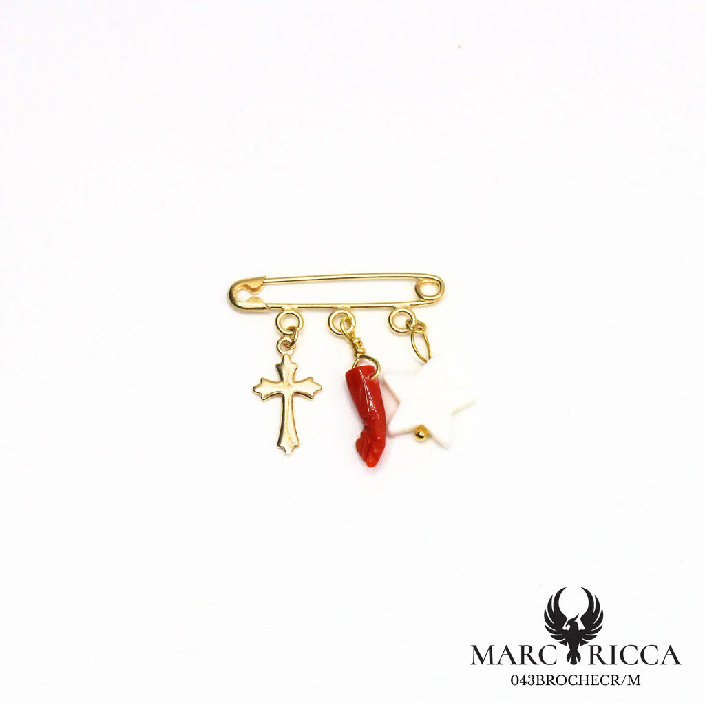 Broche religieuse corail et nacre en vermeil