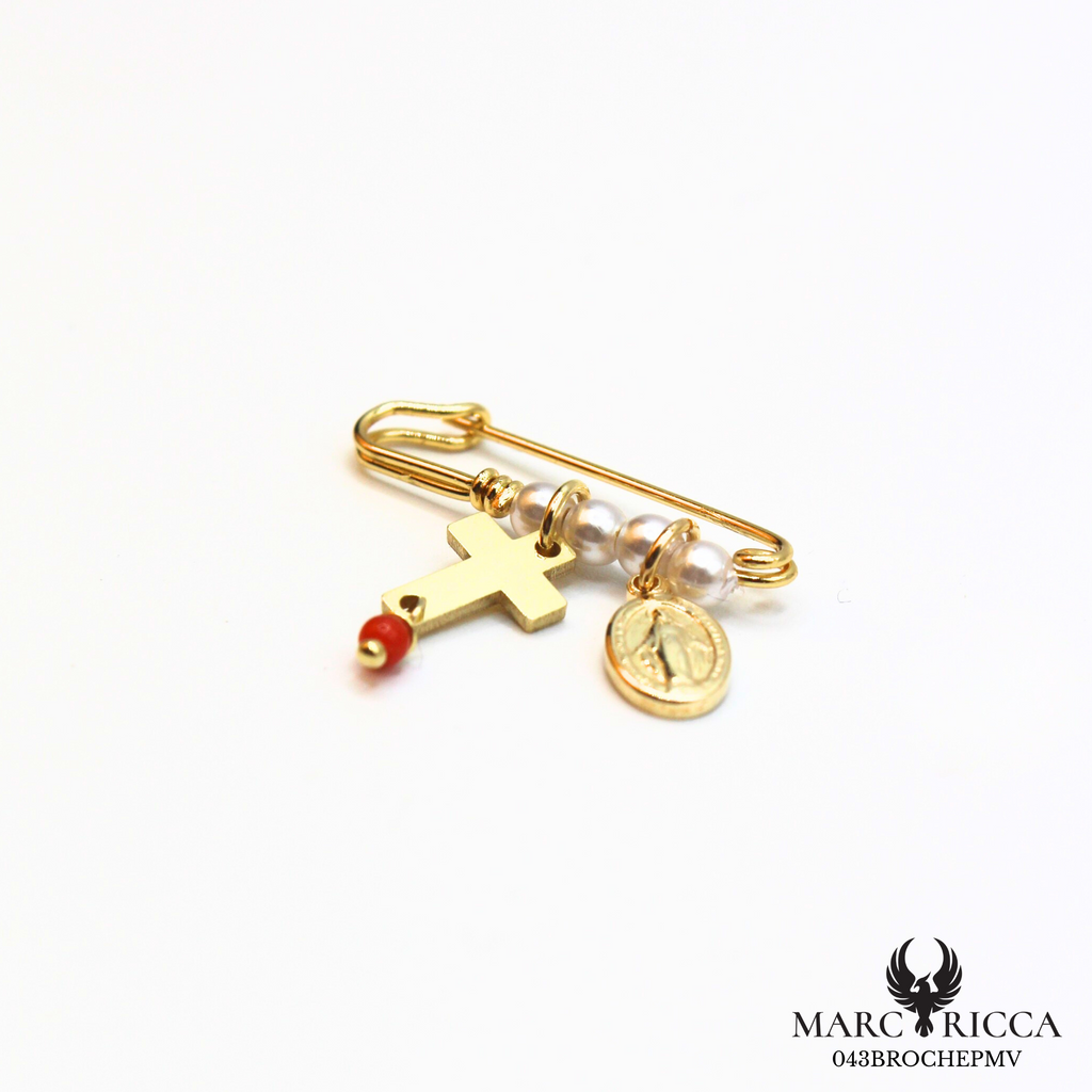 Broche Vermeil Corail perles croix et madone