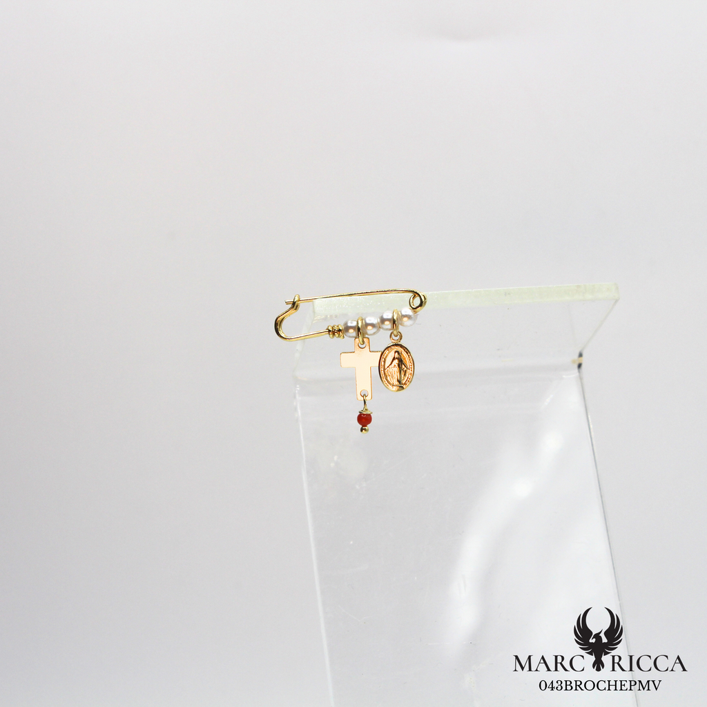 Broche Vermeil Corail perles croix et madone