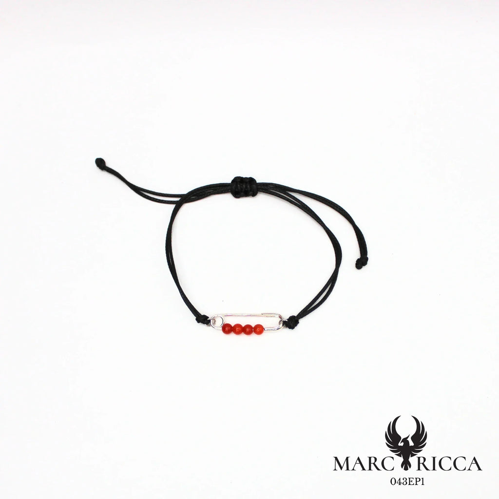 Bracelet cordon avec épingle et perles de corail en argent