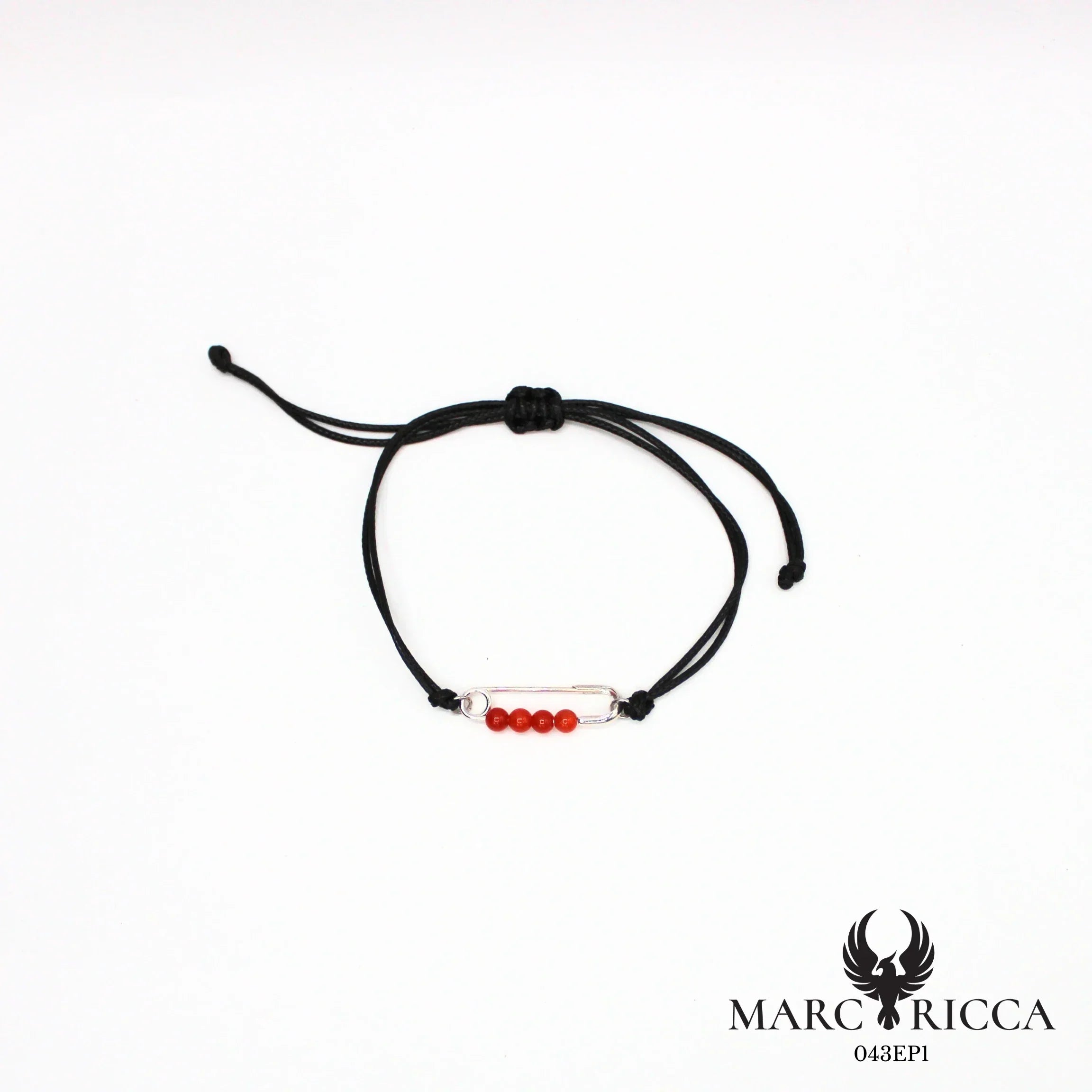 Bracelet cordon avec épingle et perles de corail en argent