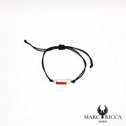 Bracelet cordon avec épingle et perles de corail en argent