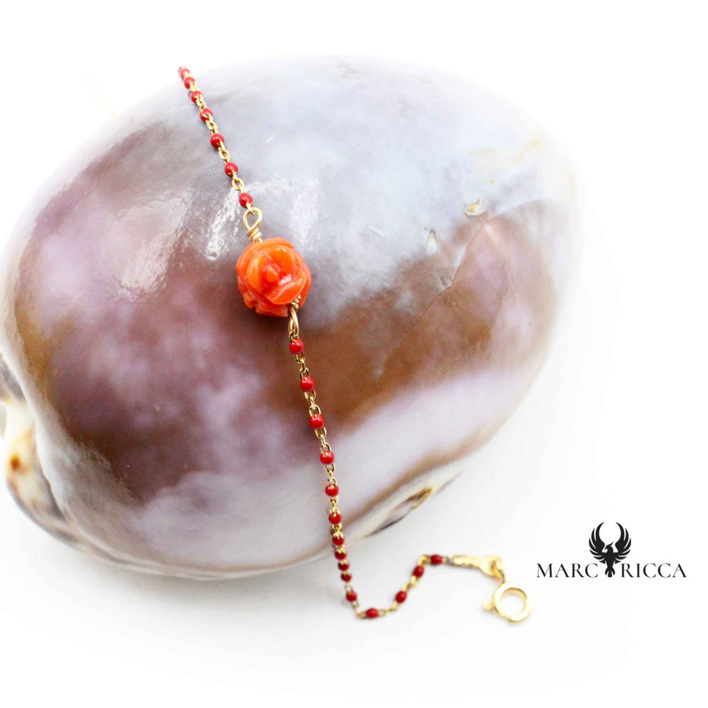 Bracelet Argent Rose Fil Gigi résine & Corail Rouge Vermeil